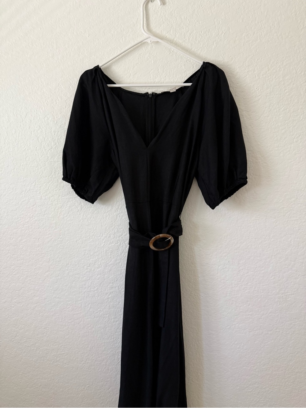 LOFT Black Puff-Sleeve Midi Dress with Waist Tie NWOT